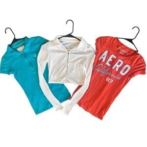 Aeropostale Women's Tops Lot Bundle: Polo, Ribbed Button Down, Graphic Tee‎ XS M